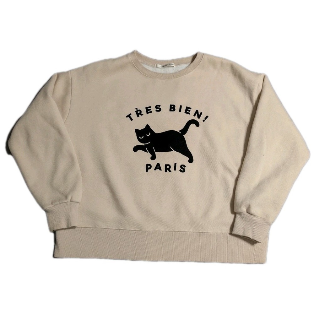 Tres Bien Paris Cat Cropped Sweatshirt Womens M Cream French Graphic